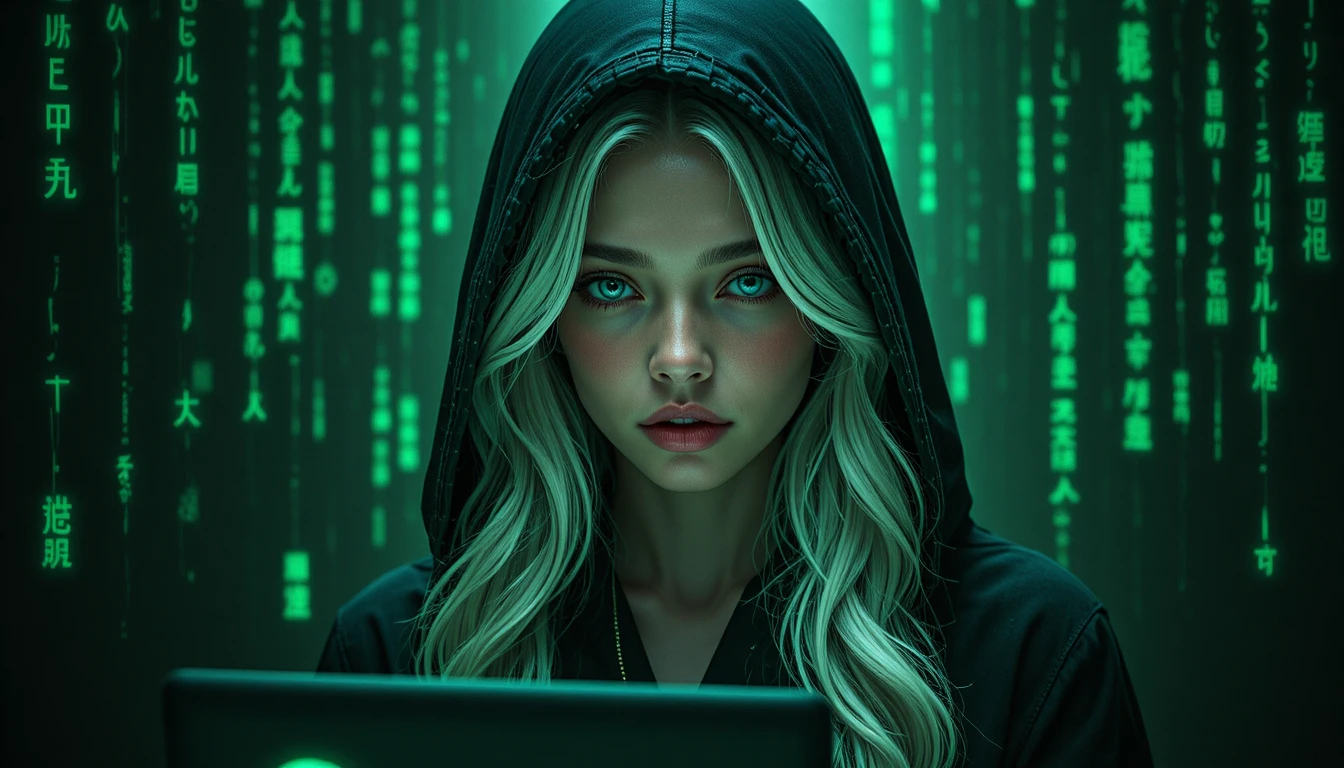 Hooded cybernetic woman with glowing blue eyes and laptop