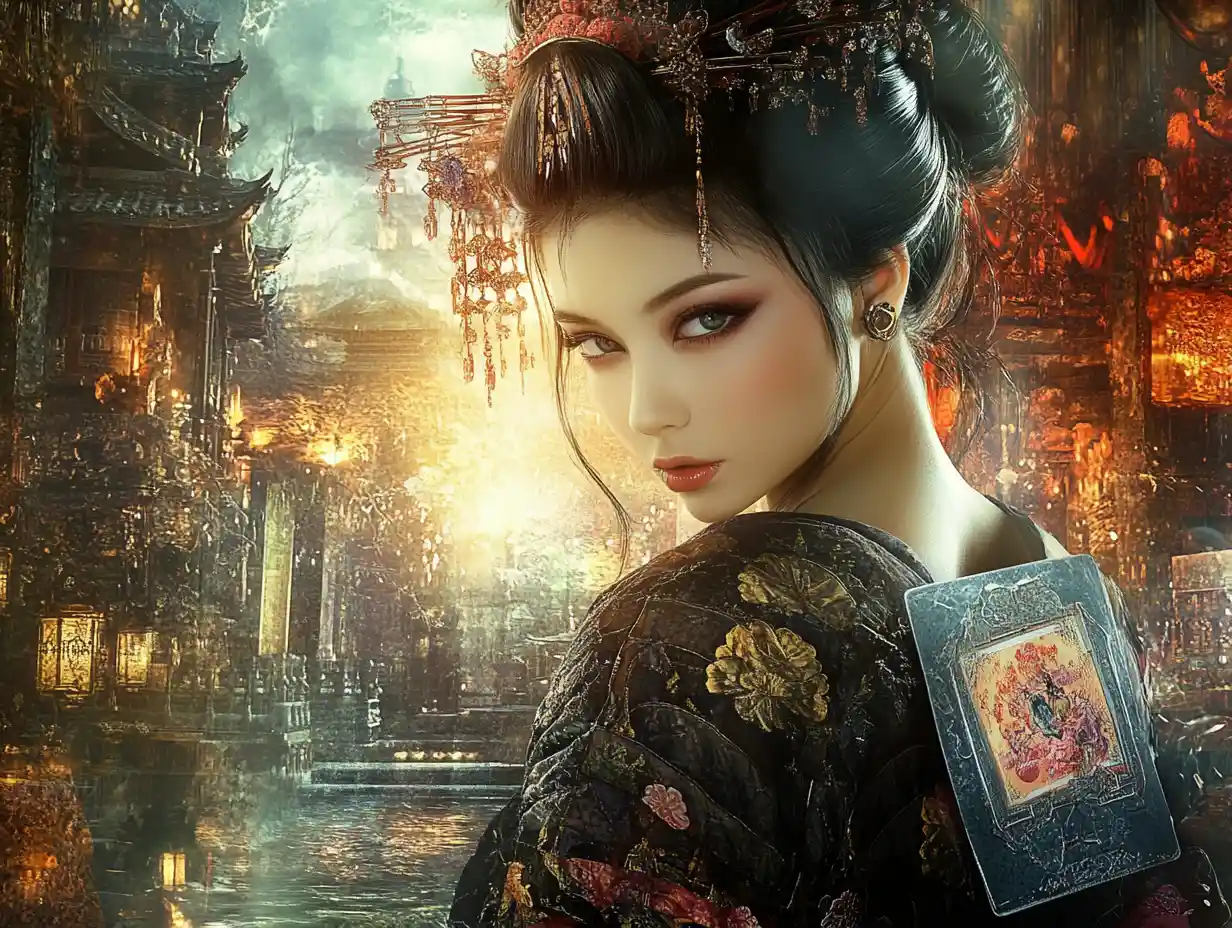 Ragazza geisha cyber con carta dei tarocchi in un antico tempio
