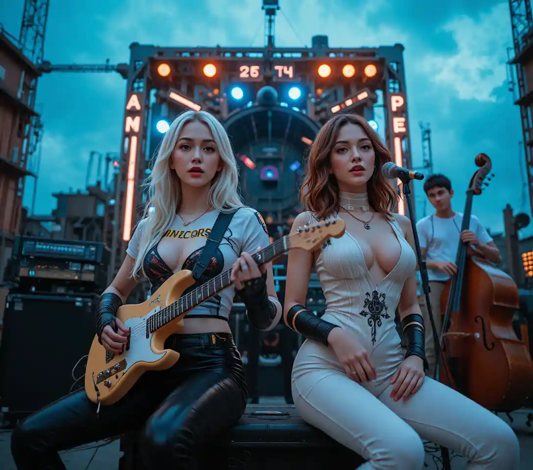 Dos mujeres cyberpunk listas para la acción en la sala de control de una ciudad de neón
