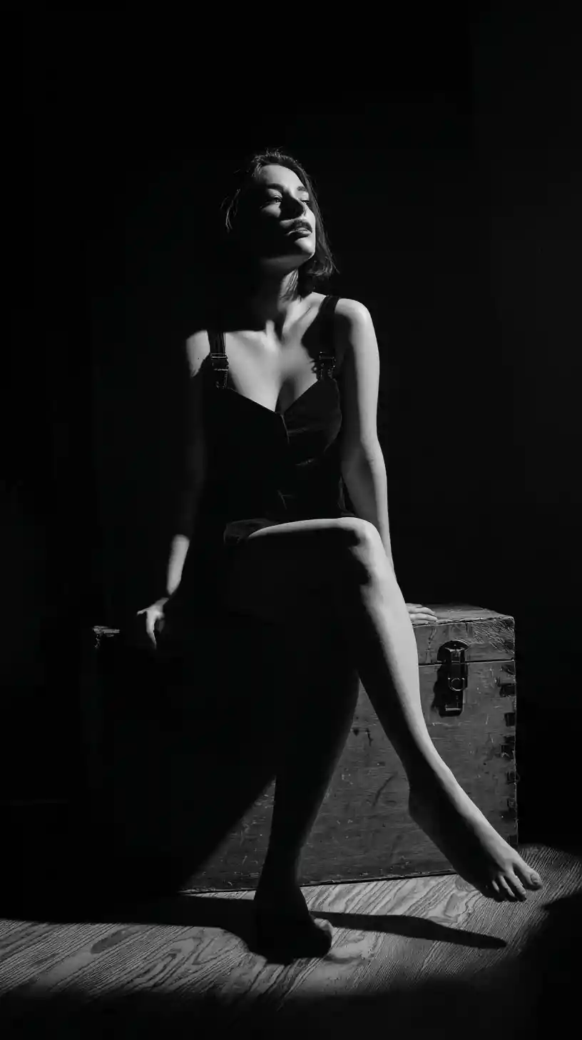 Woman on wooden crate in dramatic noir film lighting