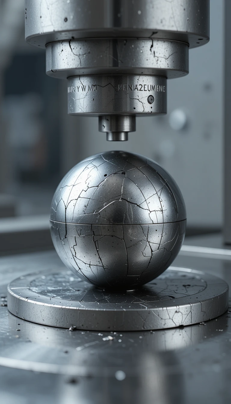 Sfera d'acciaio compressa sotto una pressa idraulica in macro primo piano