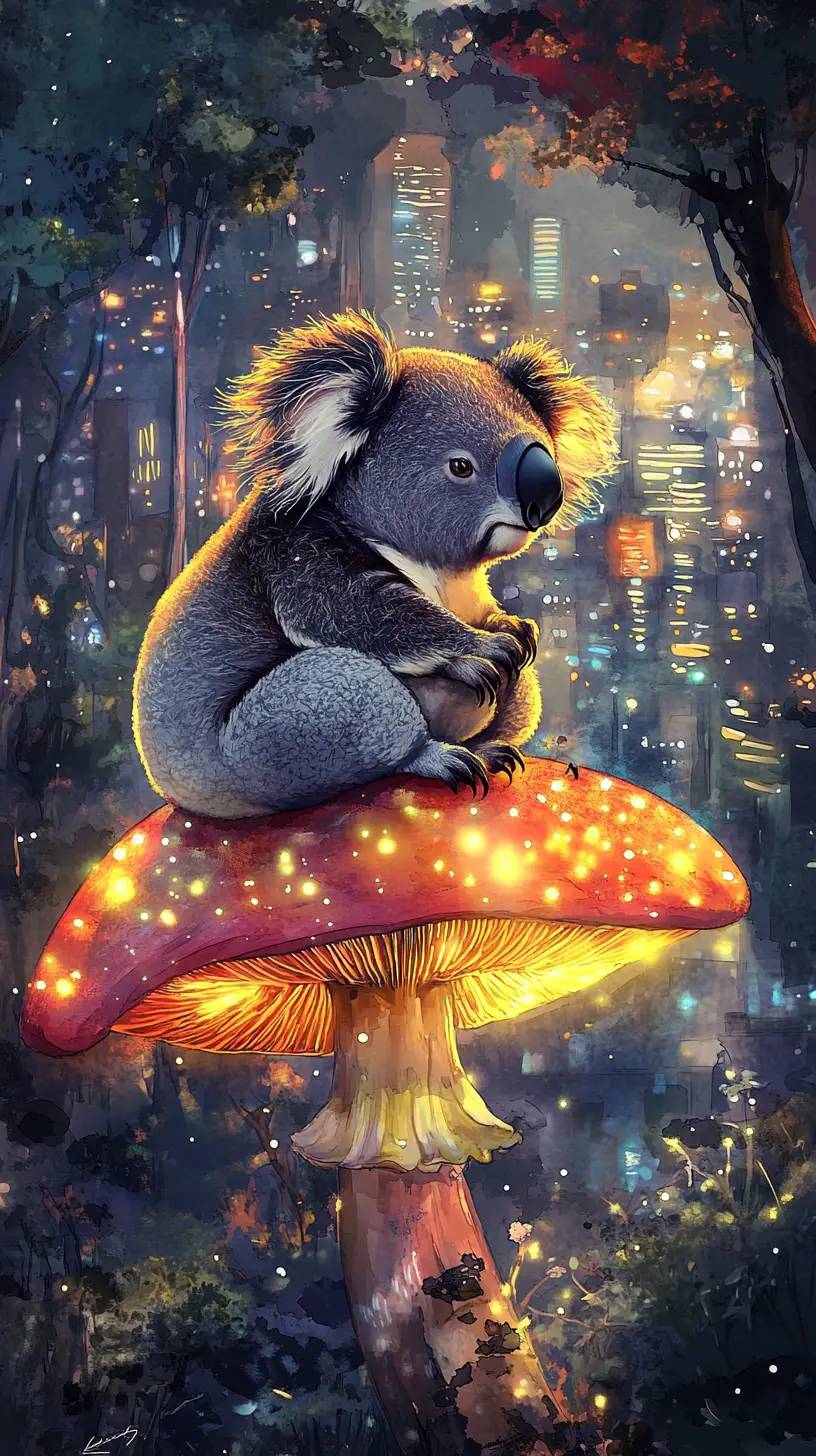Koala mélancolique sur champignon lumineux dans une forêt crépusculaire surréaliste