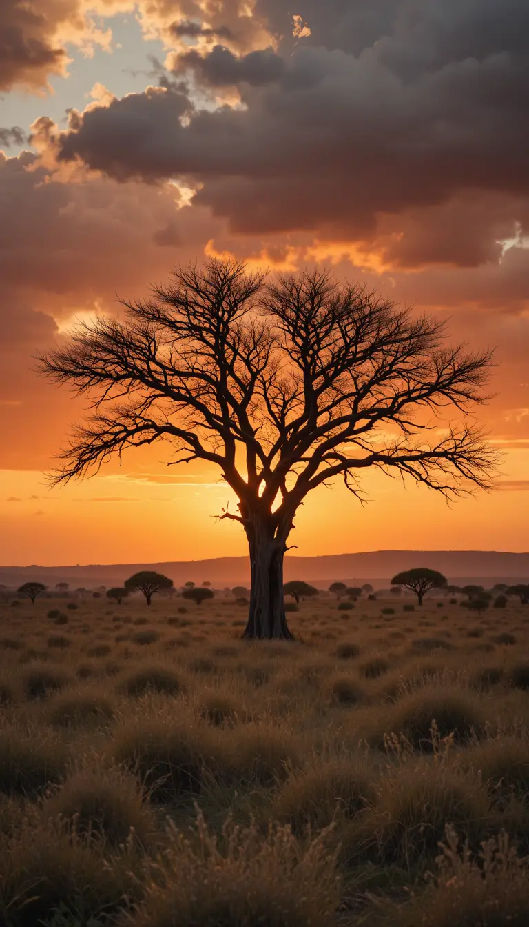 Lonely tree on a dramatic savannah at glowing sunset