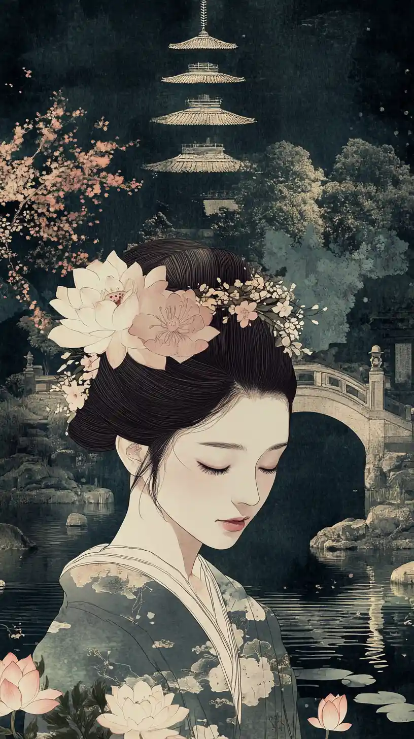 Japanese woman in kimono merging with tranquil garden
