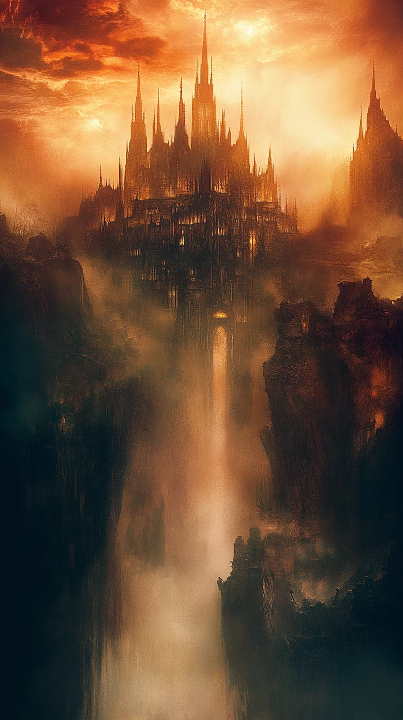 Ethereal castle rising through mist in golden sunset sky