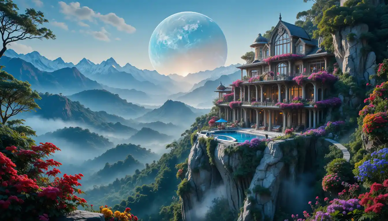 Cliffside villa with terraces above a lush fantasy jungle