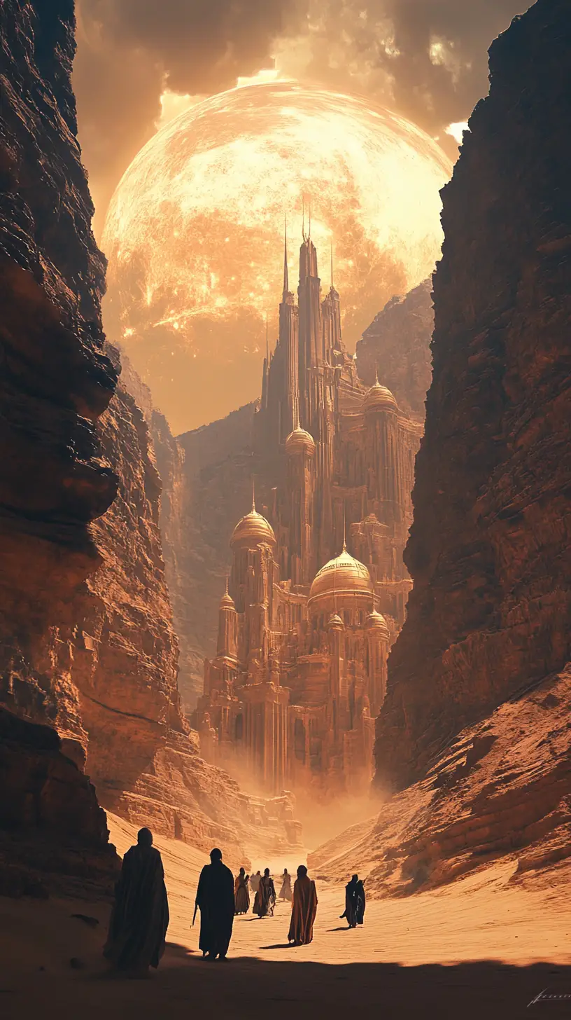 Robed figures approach a towering desert city under moonlight