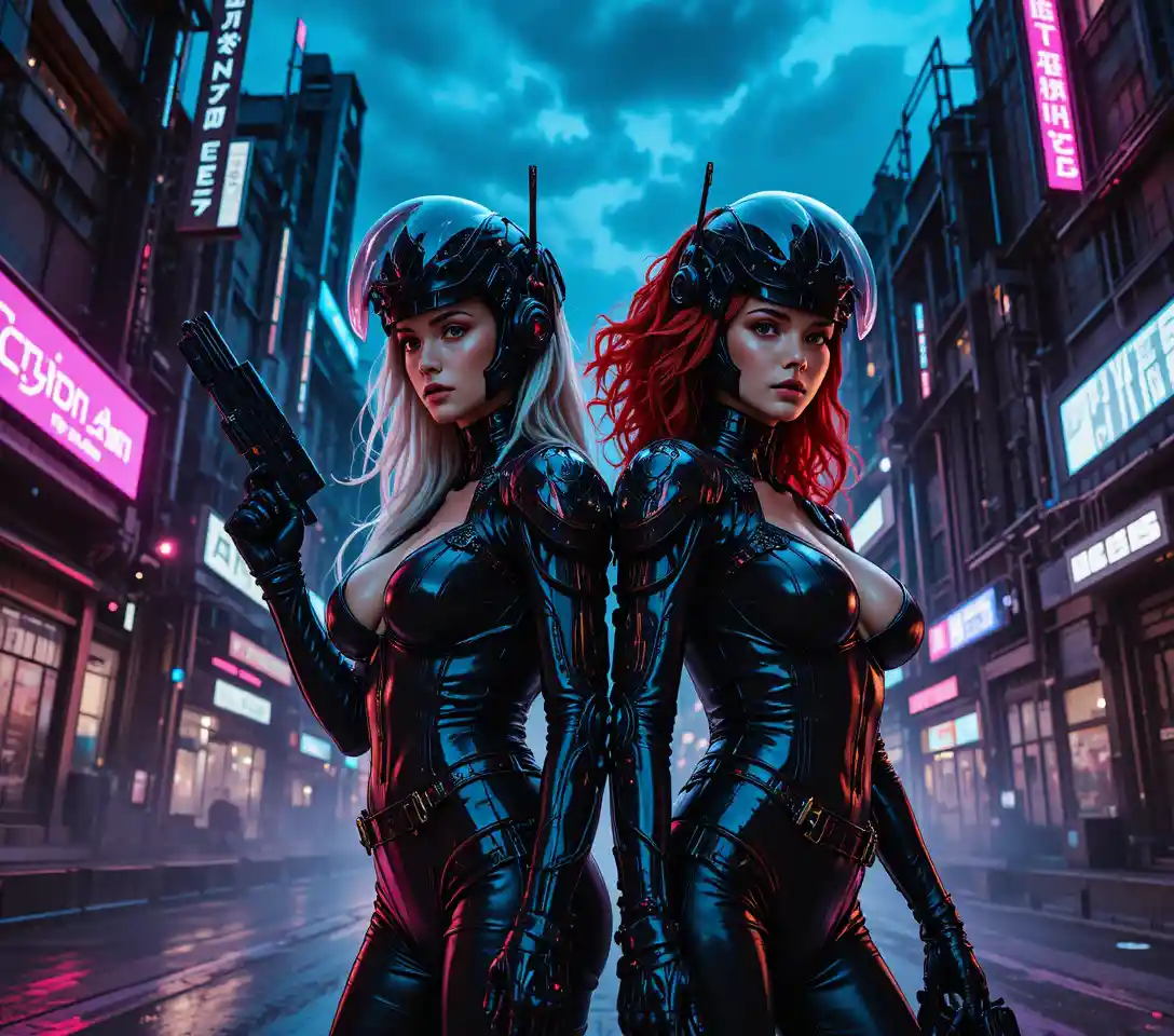 Dos mujeres cyberpunk ante un panel de control de neón