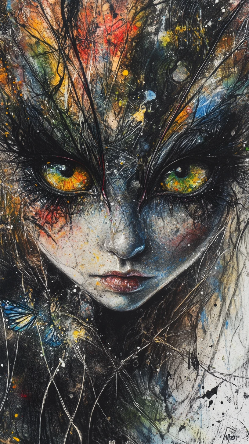 Hada gótica surreal con ojos hipnóticos en un mundo de ensueño