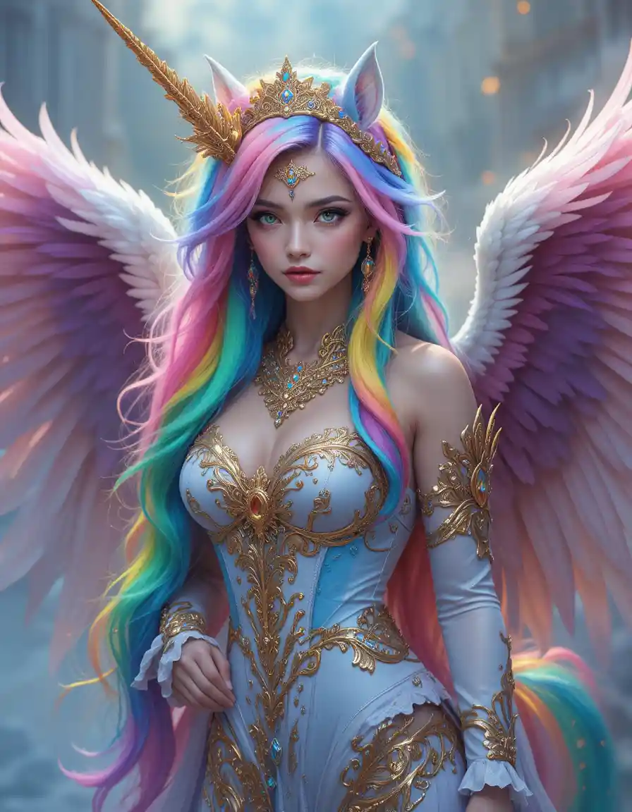 Regal winged alicorn queen with flowing rainbow hair