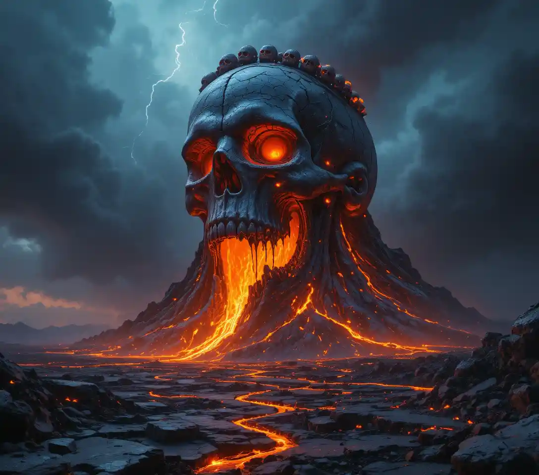 Colossal Skull Volcano Fortress Above a Burning Lava Wasteland