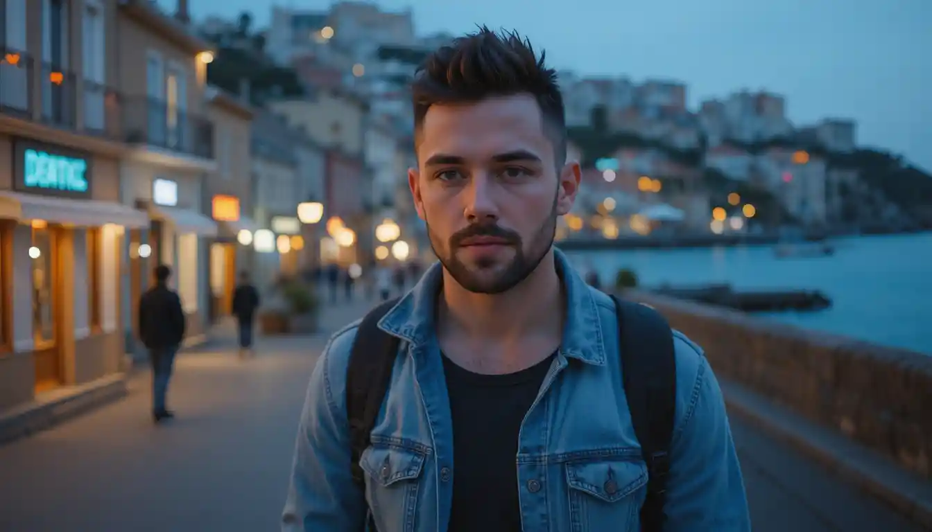 Man walking through a quiet coastal town at night