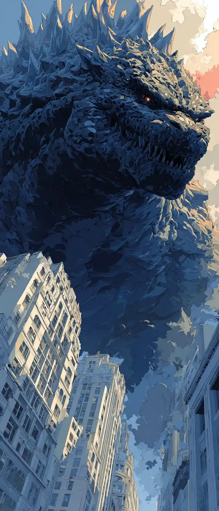 Giant ink brushed monster crushing a city skyscraper