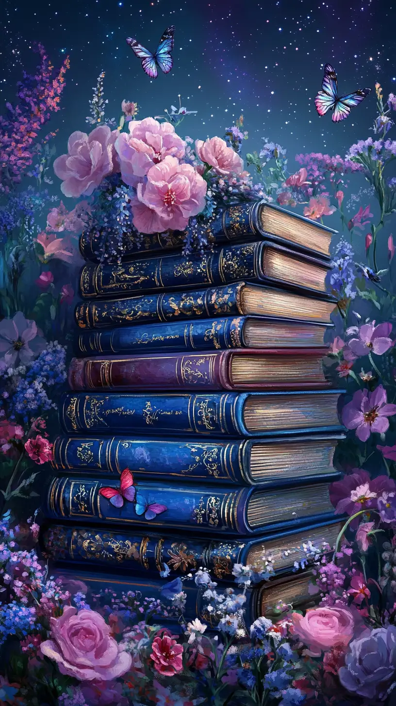 Livres bleus vintage brillants dans un jardin de fleurs magique