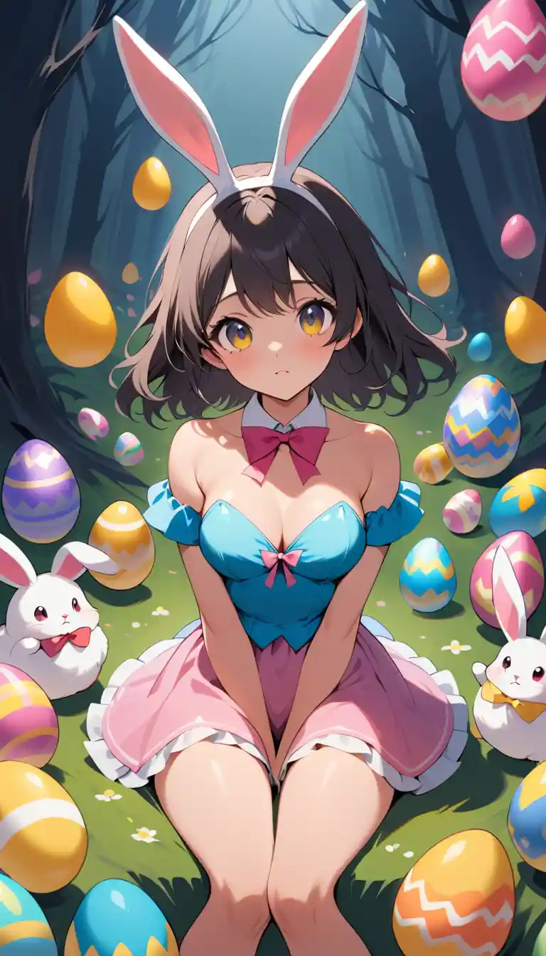 Giovane donna in costume da coniglietta di Pasqua nella foresta oscura