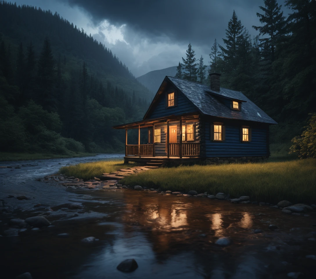 Gemütliche Fluss-Hütte im regengetränkten Zwielicht