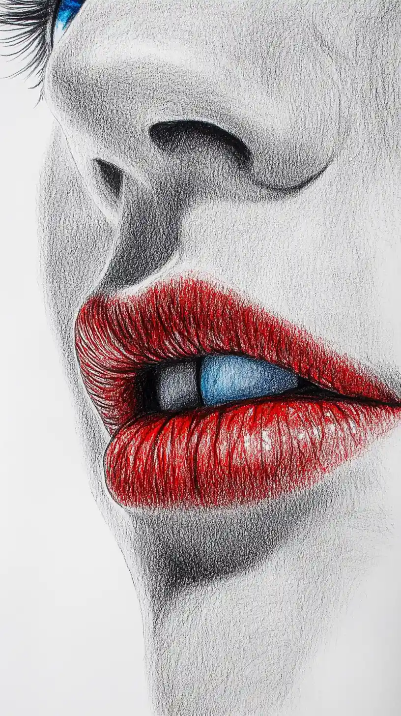 Realistisches Graphitporträt mit blauen Augen und roten Lippen