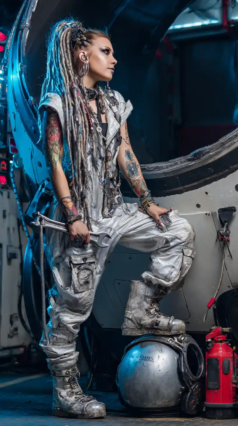 Glam rock space mechanic woman posing inside spaceship