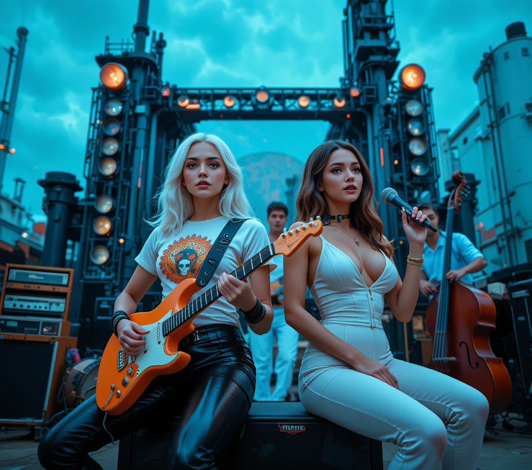Two cyberpunk women ready for action in neon cityscape
