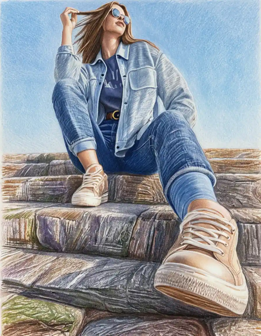 Donna in denim seduta sui gradini di pietra alla luce morbida del sole