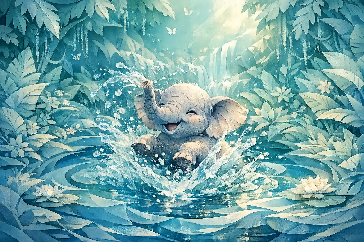 Baby elephant splashing in a layered blue paper jungle pond