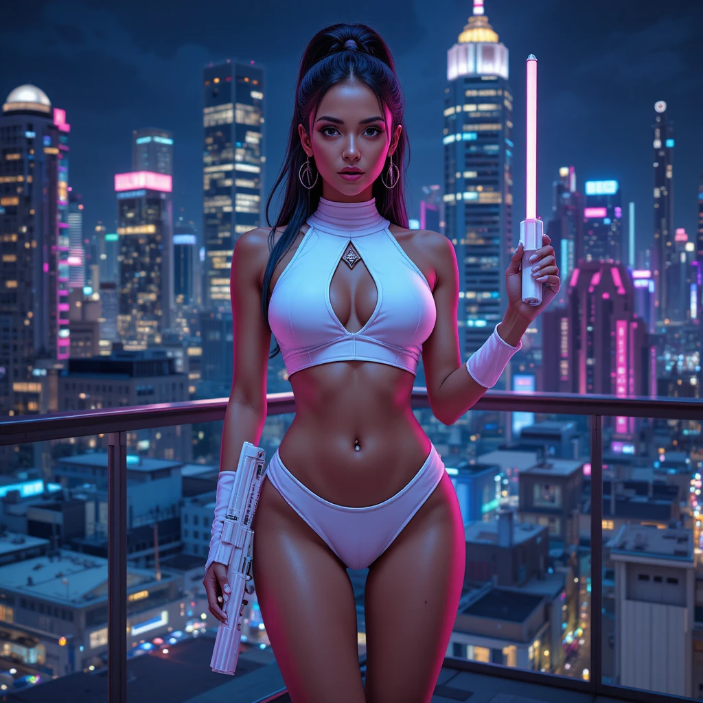 Cyberpunk-Frau auf Dach mit futuristischem weißen Gewehr