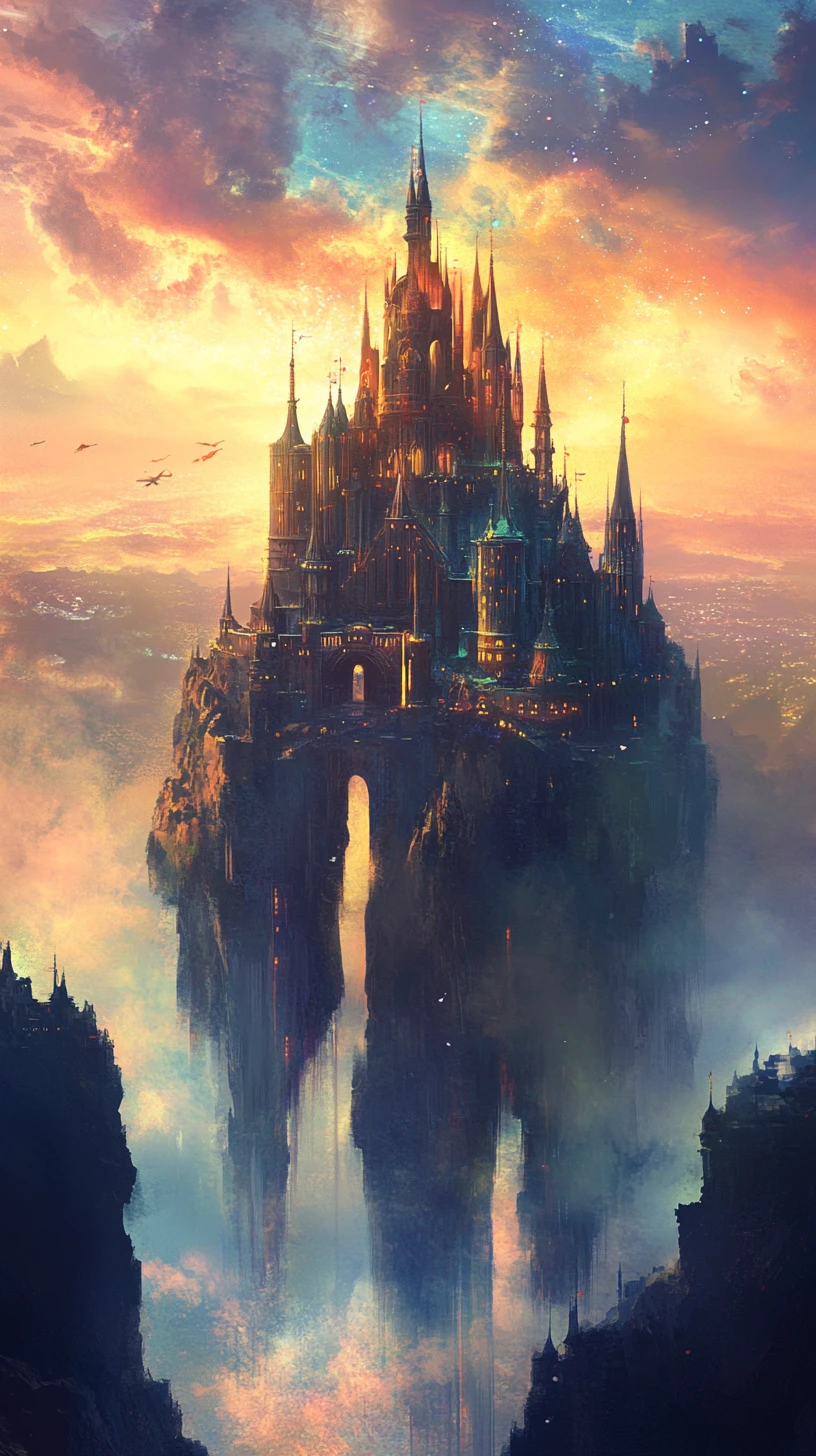 Ethereal fantasy castle rising through a misty golden sky