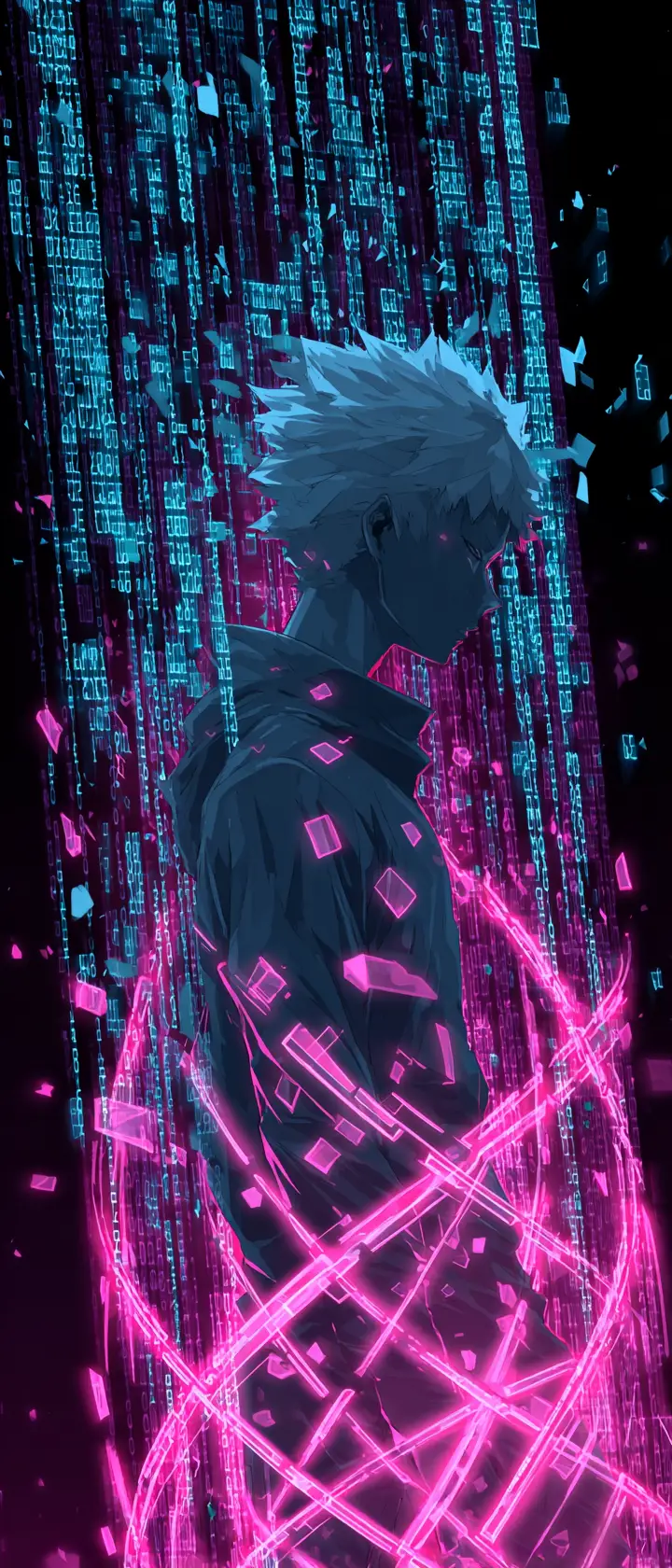 Figura anime che si dissolve in un vortice di dati binari turbinanti