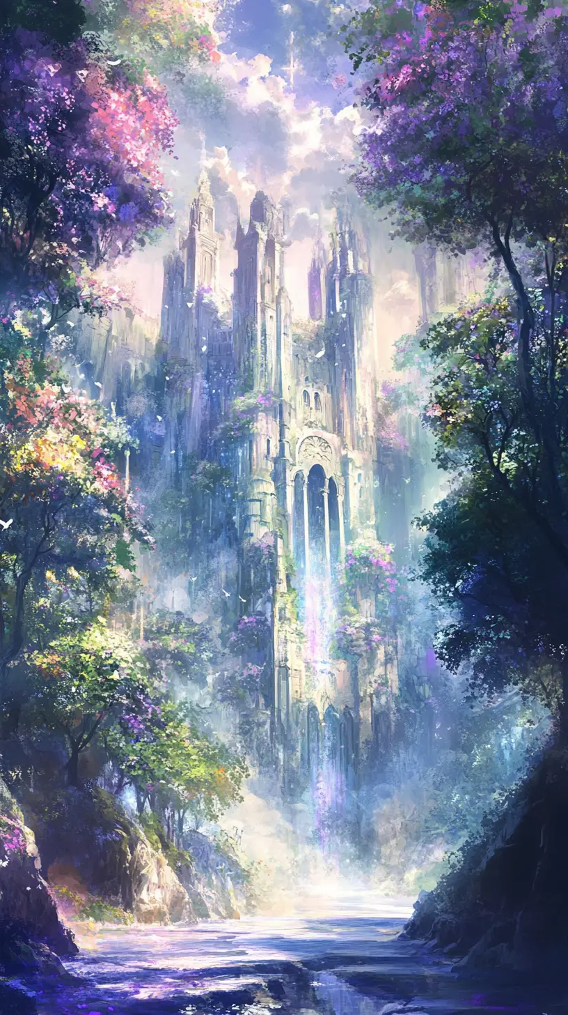 Enchanted Castle With Heroic Warrior Woman In Forest Light