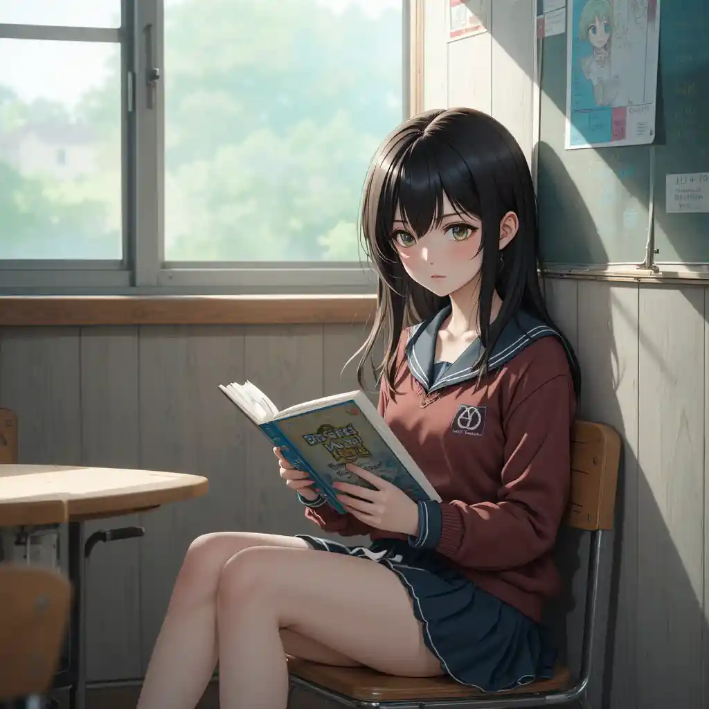 Anime schoolgirl reading alone in a quiet classroom corner