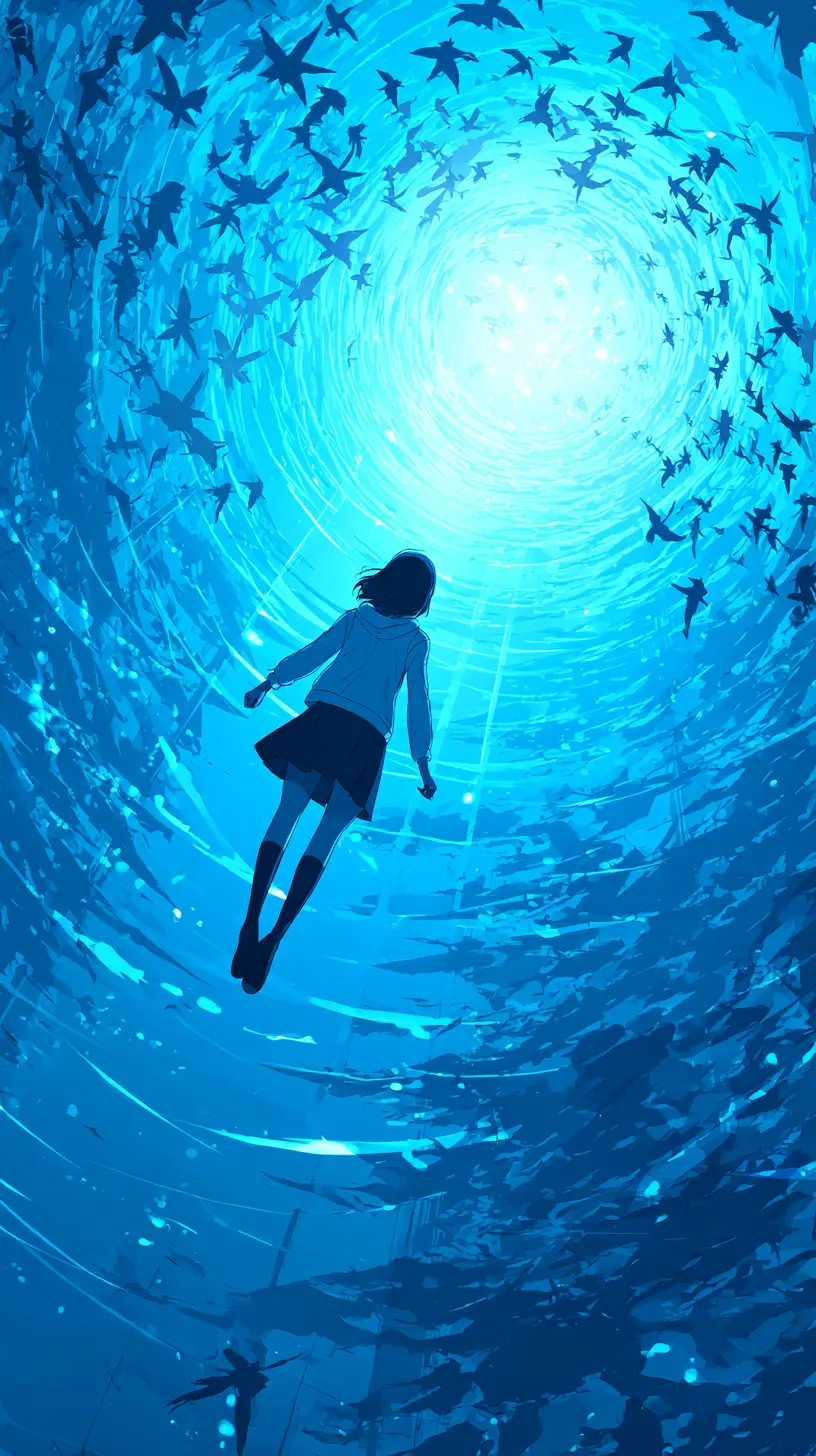 Anime girl falling through glowing blue energy vortex
