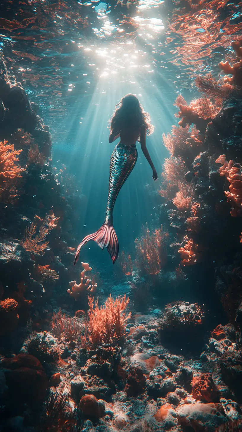 Mermaid Between Sunlit Reef And Dark Ocean Abyss