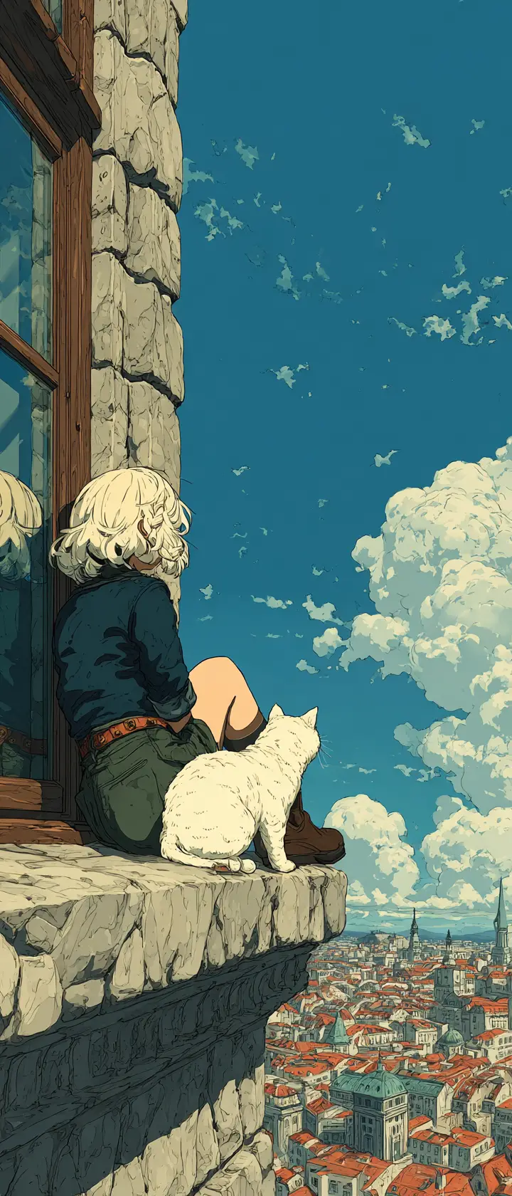 Anime cat girl resting on a window with dual reflections