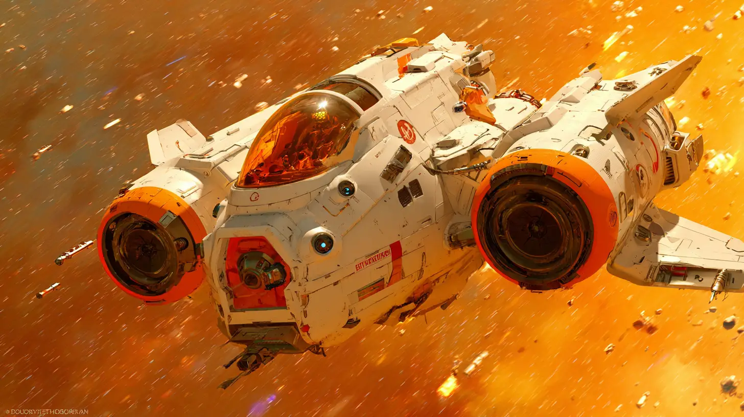 White space fighter roaring through a glowing atmosphere