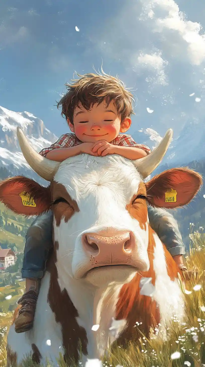 Ragazzo felice che riposa su una mucca in un prato alpino da sogno