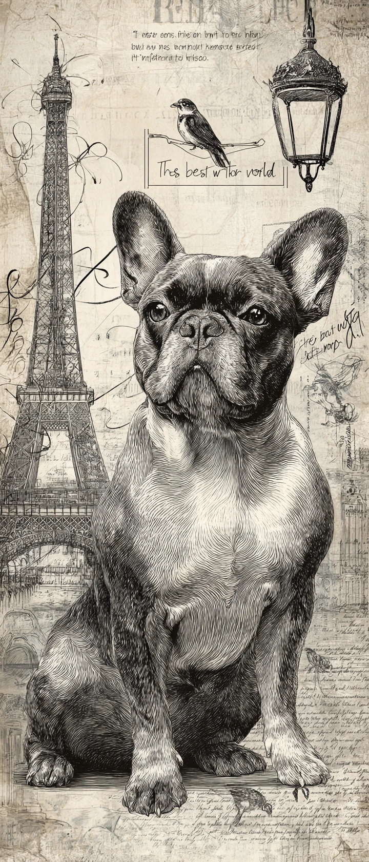Bulldog francese con skyline di Parigi ed elementi di collage vintage