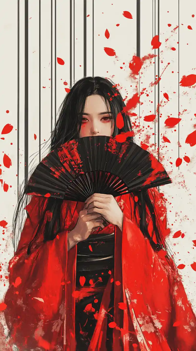 Frau im roten Kimono, die sich hinter einem dunklen Fächer versteckt