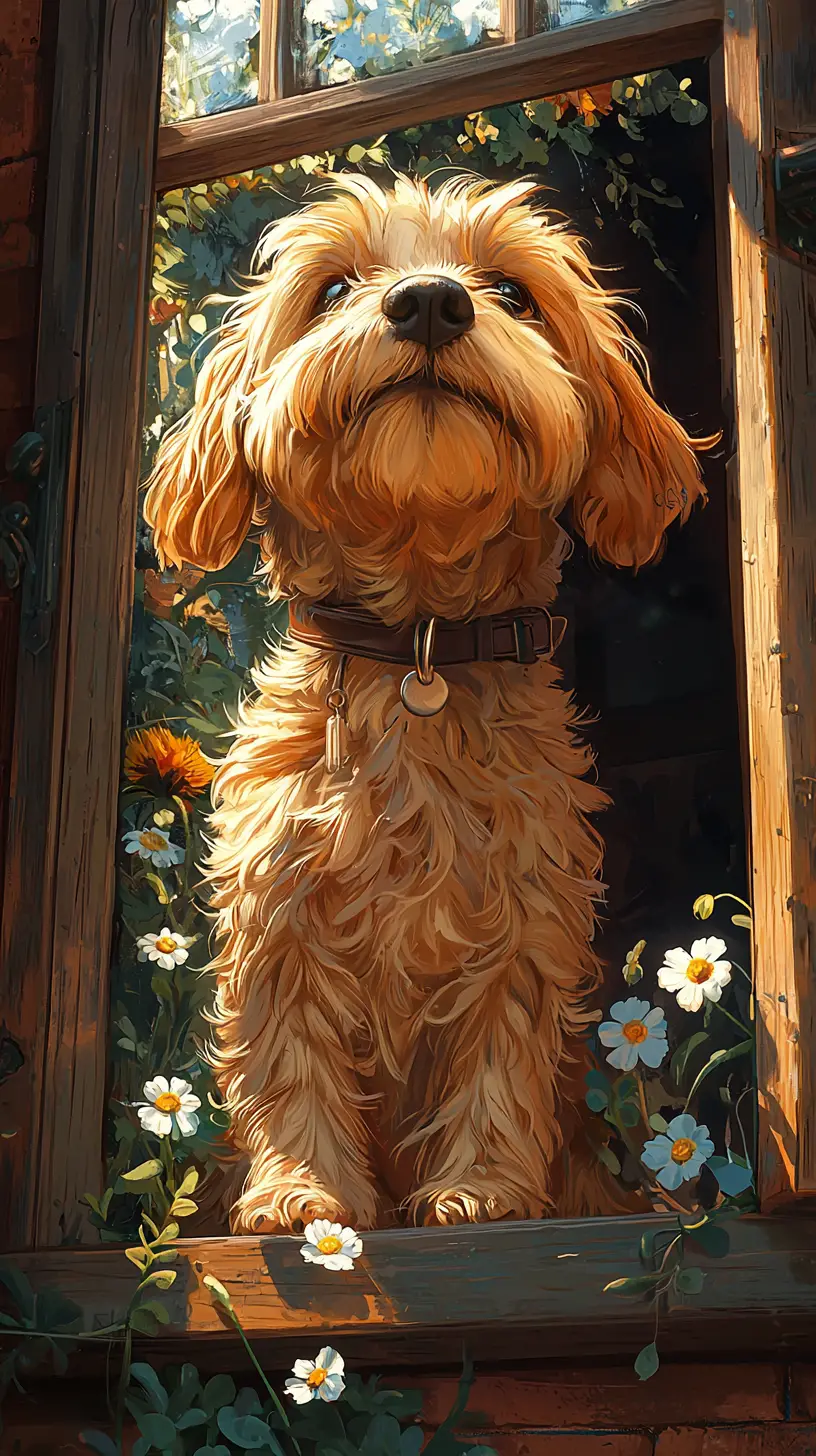 Shaggy dog portrait with flowers in cozy cottage
