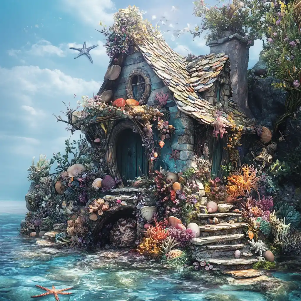 Fiabesco cottage sul mare costruito con conchiglie e coralli
