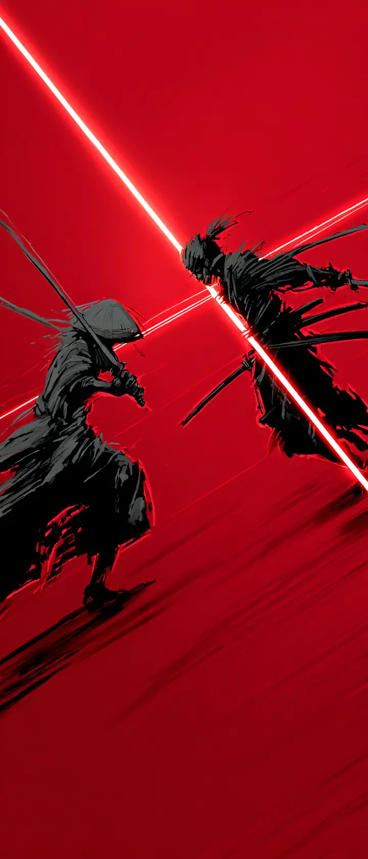 Anime samurai dueling with minimalist ink warrior