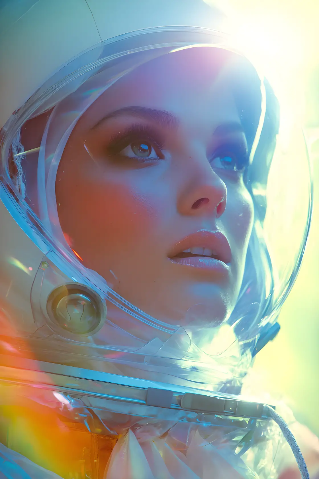 Female astronaut flying toward a cosmic wormhole