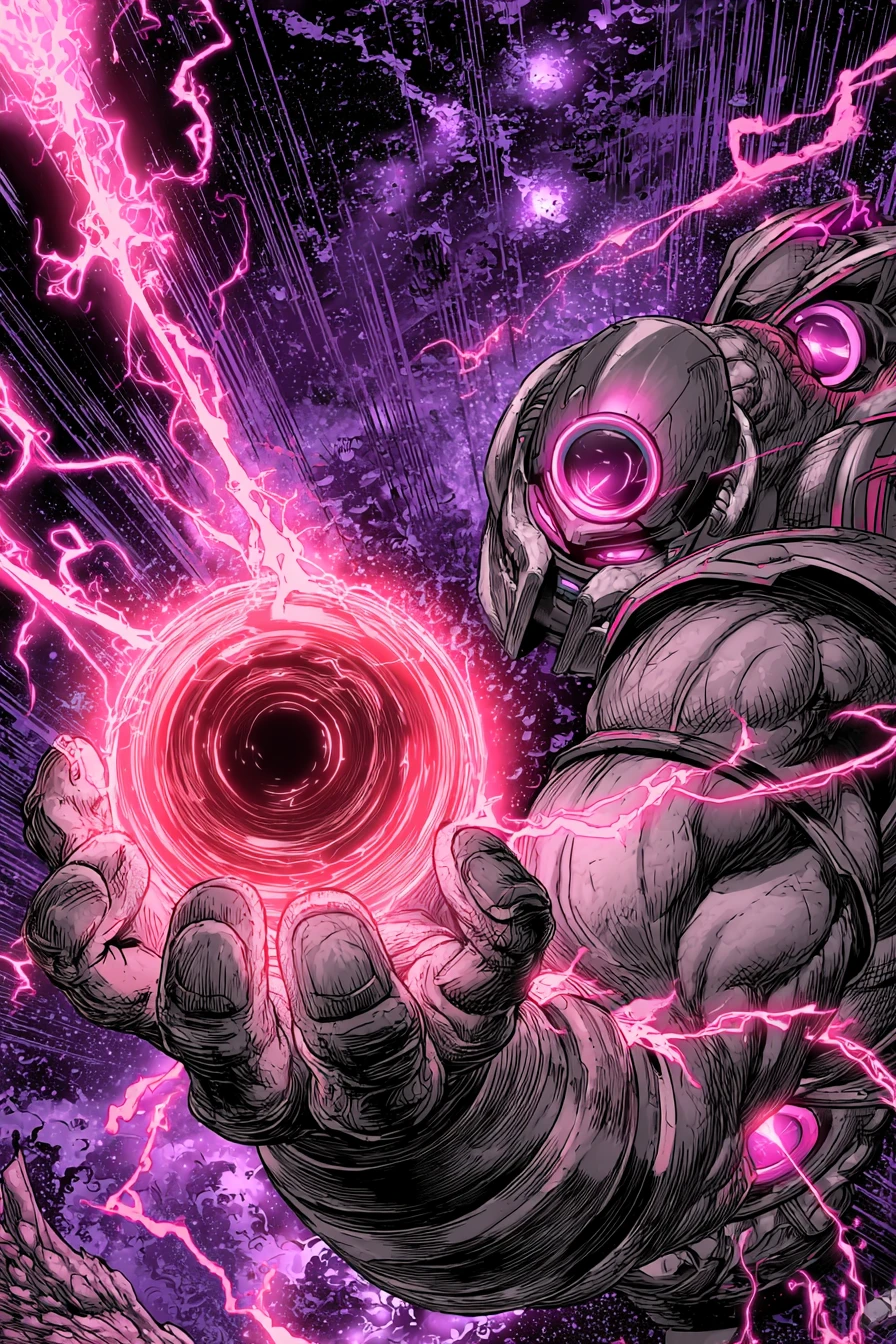 Cosmic warrior unleashing a glowing red energy orb