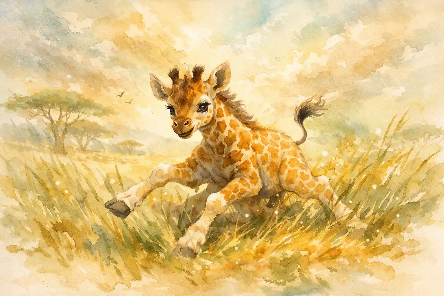 Young giraffe calf stumbling through tall savanna grass