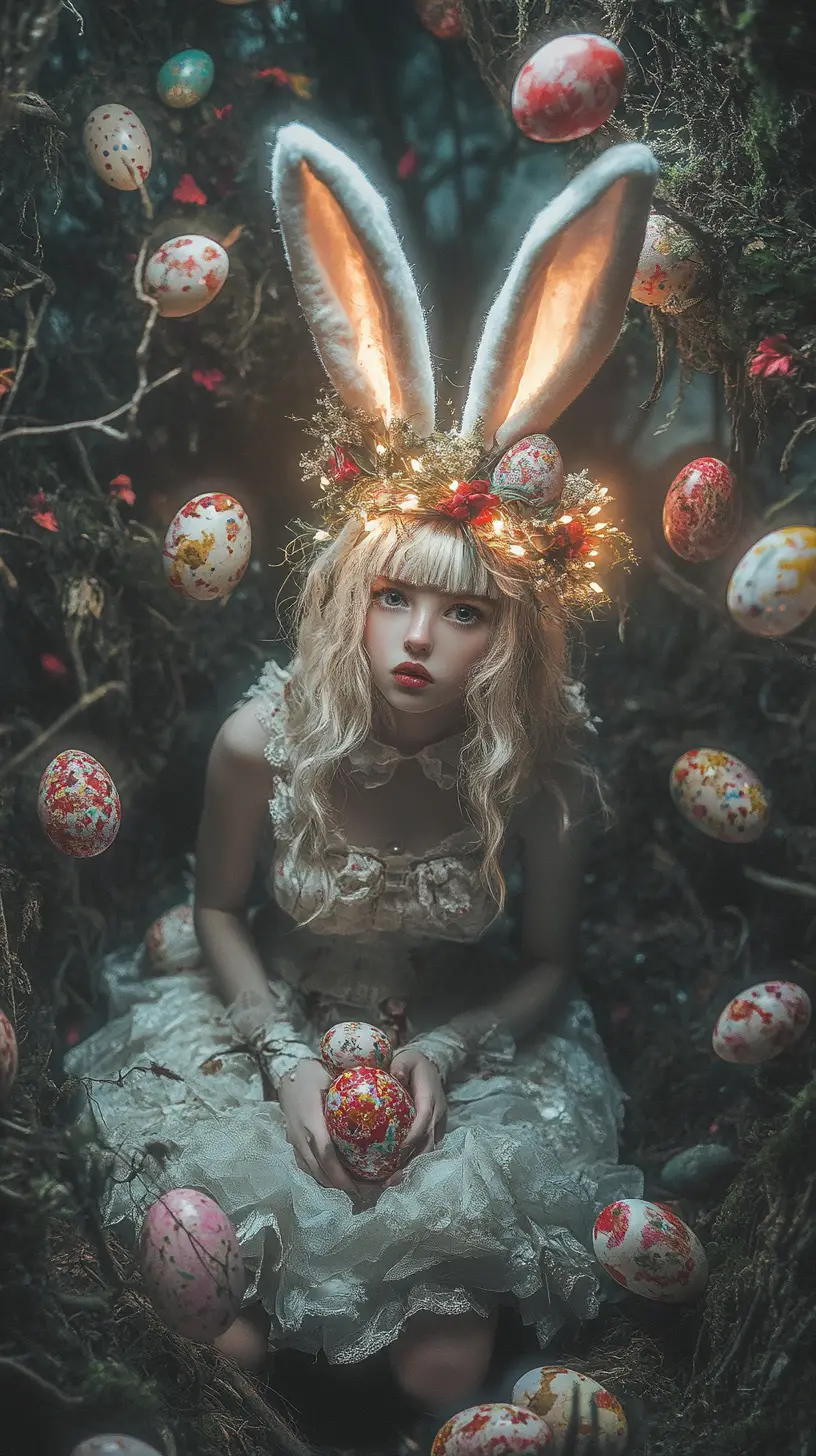 Young woman in easter bunny costume in dark forest