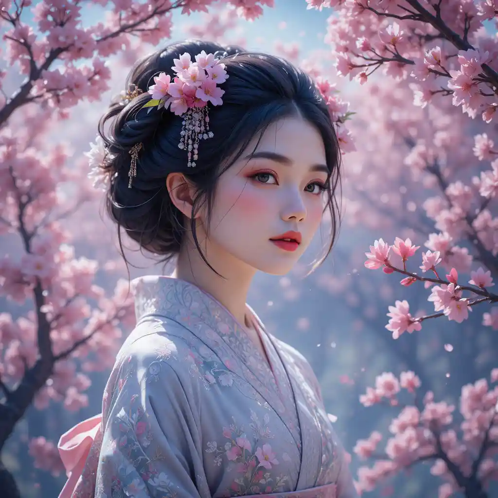 Serene geisha in kimono under pink cherry blossoms