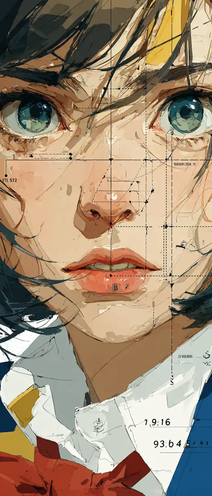Anime schoolgirl portrait blending illustration and diagram
