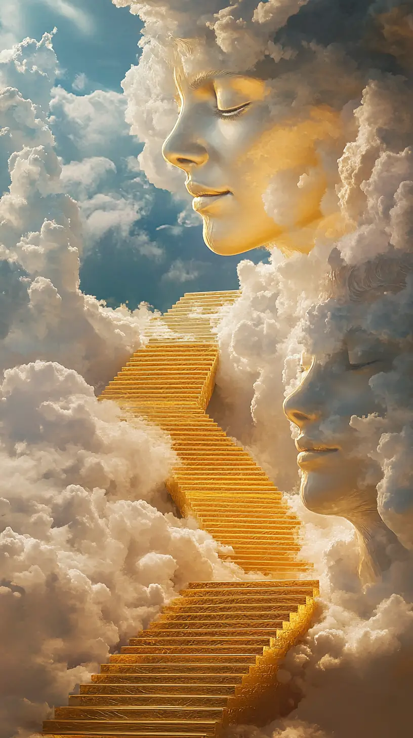 Surreal golden staircases floating upward into a dream sky