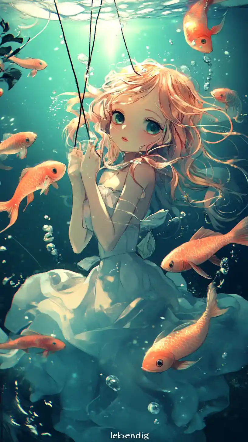 Anime chef girl catching glowing spice fish underwater