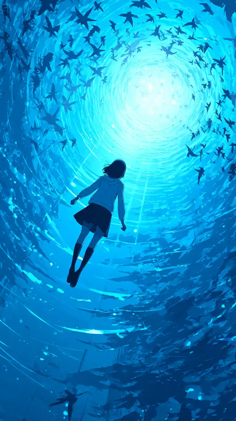 Ragazza anime che cade in un vortice di energia blu luminosa