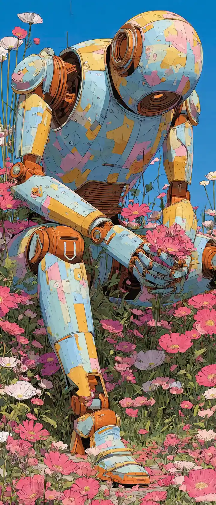 Gentle giant robot sitting in a vibrant flower field